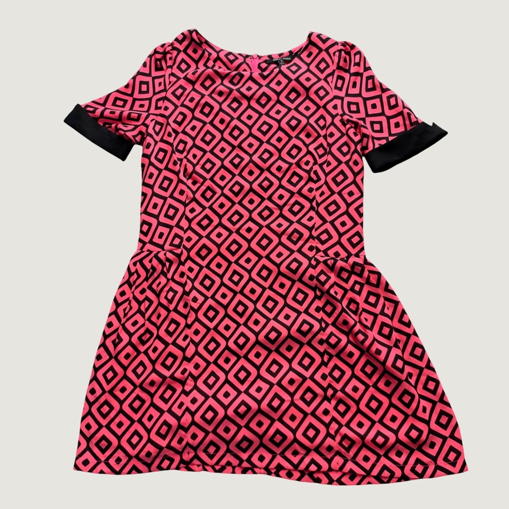 Geometric Mini Dress M Pink Black Mod Retro Short Sleeve Fit Flare